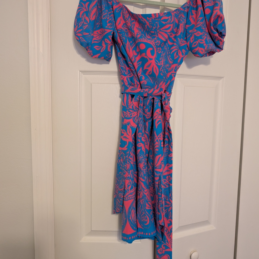 Lilly Pulitzer Blue and Pink Asymmetrical Sundress with Puff Sleeves